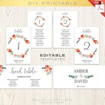 wedding photo - Wedding table numbers, number printables, seating chart, floral wedding wreath - editable TEMPLATES diy instant download