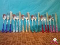 wedding photo - Plastic Silverware, Fork/Knife/Spoon Set (Silver) Decorated with Glitter Handles (Your Choice of Color)