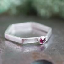wedding photo - Hexa-net - modern silver hexagon ring with Rhodolite Garnet gemstone