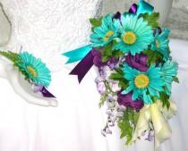 wedding photo - 50% COUPON CODE, Destination Wedding, Bridal Bouquet With Turquoise Gerberas and Eggplant Ranunculus