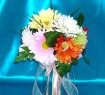 wedding photo - 50% OFF COUPON, Bridal Bouquet With Gerbera Daisies in Pastels and Brights With Peach Colored Satin Wrapped Stems and Ribbons
