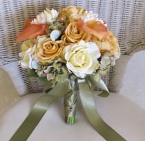 wedding photo - Fall bridal bouquet with real touch yellow roses and rust calla lillies