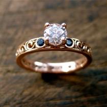 wedding photo - Diamond & Blue Sapphire Engagement Ring in 14K Rose Gold with Vintage Style Scrolls Size 5