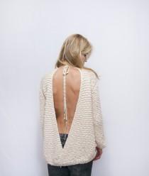 wedding photo - Open Back Knitted Sweater - Cotton Off the Shoulder Sweater -  Boho Sweater - Woman Off Shoulder Sweater - Long Sleeve ROY Sweater