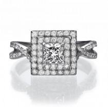 wedding photo - Split Shank Halo Engagement Ring, 14K White Gold Ring, Halo Ring Setting, 1 TCW Diamond Ring Vintage, Unique Rings