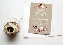 wedding photo - Fall Bridal Shower Invitation Printable, Autumn Floral Invite, Boho Chic, Rustic Bronze, Silver, Cream, Neutral Colors, Kraft Paper