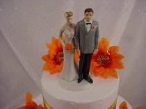 wedding photo - Love Pinch Bride and Groom Bride and Groom Custom Wedding CakeToppers - Groom in Grey Jacket- Bride with Orange Flowers-Fall Themed Weddings