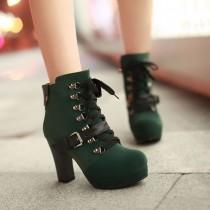 wedding photo - Lace Up Buckle Block High Heels Platform Ankle Riding Boots