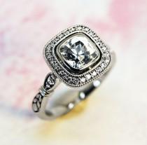 wedding photo - Old Mine Cut White Sapphire and Diamond Vintage Style Halo 14K White Gold Engagement Ring