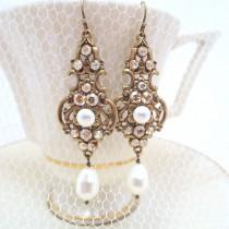 wedding photo - Champagne Bridal earrings, Wedding jewelry, Pearl Wedding earrings, Vintage style earrings, Swarovski Earrings, Antique gold earrings