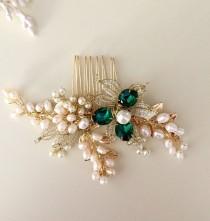 wedding photo - Emerald hair comb, Pearl Hair comb, Golden hair comb, Bridal hair comb, Green Wedding