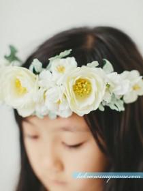 wedding photo - Flower Girl Crown Halow Wedding Hair Accessory - White Ivory Weddings Flower Girls Wreath, Bridal Flower wreath, Bridesmaid Hair Piece