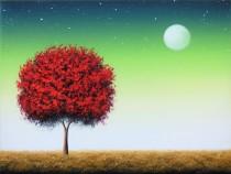 wedding photo - ORIGINAL Oil Painting, Red Tree Painting, Canvas Art, Abstract Tree Art, Surreal Art Moon Painting, Landscape, Green Night Sky, 12x16