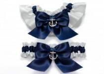 wedding photo - Wedding garters - bridal garters - navy blue and white garters with silver anchors - navy blue garter set - blue garters- anchor garters