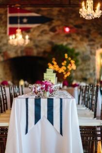 wedding photo - Duck tail navy and white stripe canopy table runners with flag end