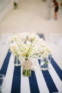 wedding photo - wedding navy  and white stripe table runers, dinner table, wedding table,reception table,baby shower,birthdayparty