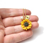 wedding photo -  Yellow Sunflower Necklace,Yellow Pendant, Personalized Initial Disc Necklace, Bridesmaid Necklace,Yellow Bridesmaid Jewelry,Sunflower Flower
