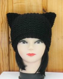 wedding photo - Black Cat Hat, Knit Cat Ear Hat or Cat Beanie, Womens Cat Hat , Wool/Acrylic, Knit , Women