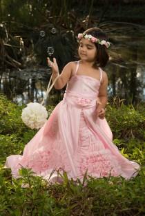 wedding photo - Gorgeous Pink ruffled vintage inspired Lace Sash Girls Special Occasion Dress