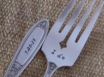 wedding photo - Vintage Antique Upcycled I Do & Me too Mr./Mrs. DATE ON HANDLES  Wedding or Anniversary Silver plated Hand Stamped Cake Dessert Fork Set