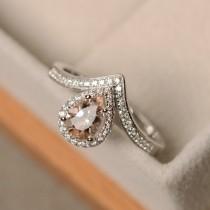 wedding photo - Morganite ring, pear cut, sterling silver, engagement ring