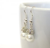 wedding photo -  White Pearl Earrings,Bridesmaid Earrings,Drop Earrings,Swarovski Pearl Earrings,Pearls in Sterling Silver, 8 mm Pearls, Pearl and Rhinestone