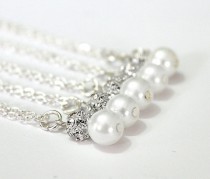 wedding photo -  Set of 4 Bridesmaid Necklaces,Sterling Silver Chain,Pearl and Rhinestone Necklaces, Pearl Necklaces,4 Pearl and Crystal Necklaces Gift Ideas