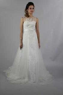 wedding photo - Simple but Elegant Formal A Line Scoop Neckline , Sheer Lace Beaded Back Long Lace Wedding Dress