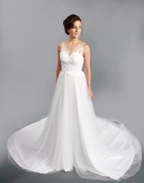 wedding photo - White Lace Applique V neck and V back Aline Wedding dress, Long Train Bridal Gown