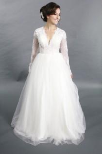 wedding photo - Long Sleeves Lace Applique Ballgown V neck wedding dress