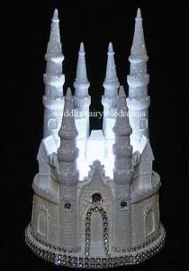 wedding photo - White Glittered Lighted Cinderella Diamond Castle Wedding Quinceanera Cake Topper
