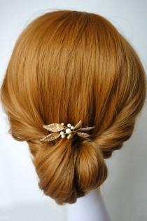wedding photo - Gold Leaf Hair Pin, Gold Wedding Head Piece, Gold Wedding Hair Accessories, Pearl, Gold Brass Leaf, Modern Wedding, Rustic,  ELEANOR