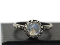 wedding photo - Round Rainbow Moonstone Ring, Oxidized Silver Ring, Black Floral Band, Natural Gemstone Jewelry