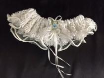 wedding photo - Vintage lacy wedding garter with blue flower accent