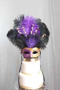 wedding photo - Mardi Gras/Masquerade/Carnival/Mask Cake Topper Purple and Gold Peacock/Ostrich Feather