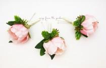 wedding photo - Pink Peony Boutonnieres - Hops and Eucalyptus Accents -  Groom Groomsmen Boutonnieres Prom Homecoming Boutonniere