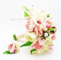 wedding photo - Blush Bridal Bouquet Pink Lilac Peonies Callas Lilies Tulips - Pink Wedding Bouquet - Bridal Bouquet Peony Groom's Boutonniere