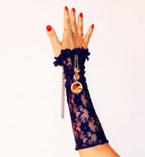 wedding photo - dark blue elastic lace fingerless gloves-Bridal Wrist Cuffs-Gothic Gloves,Wedding Gloves,Romantic,Fashion