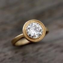 wedding photo - Halo Engagement Ring, Moissanite Wedding Ring, Yellow Gold Solitaire, Modern Vintage Inspired Rings