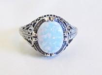 wedding photo - Oval Opal Filigree Ring Sterling Silver Rhodium/ Antique Vintage Victorian Art Deco Style