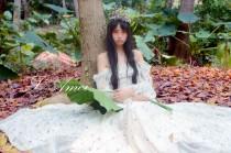 wedding photo - Woodland Fairy Style Ivory Embroidered Lace Bohemian Bridal Gown Wedding Dress with Long Sleeves.