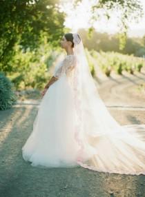 wedding photo - Pink Bridal Veil, Blush Wedding Veil, OLIVIA Cathedral Veil, Bridal Veil Mantilla Veil Pink Lace Veil, Royal Cathedral Veil, Pink Tulle Veil