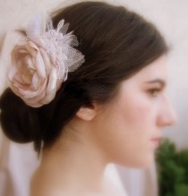 wedding photo - Blush Pink Hair Clip - Pink Ivory Beige Flower - Bridal Hair Flower - Vintage Hair Piece - Large Lace Fascinator - Blush Wedding Hairpiece