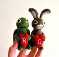 wedding photo - AdoraWools Tortoise and The Hare - Felted Bunny Rabbit and Turtle with Red Heart - Bridal Gift -Bride Groom - Wedding Cake Topper