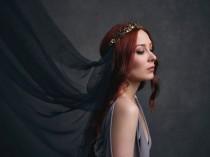wedding photo - Golden crown, medieval headpiece, black veil, gilded crown, gothic wedding, black wedding, goth bride, circlet, black crown - Persephone