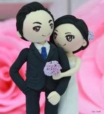 wedding photo - Wedding cake topper Vintage Violet theme wedding clay couple, bridal shower clay doll, engagement clay miniature, clay figurine wedding gift
