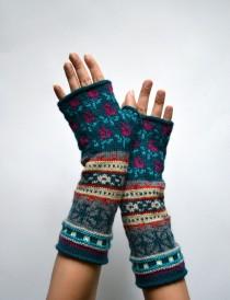 wedding photo - Bohemian Fingerless Gloves - Long Turquoise Fingerless Gloves - Floral Groves - Fall Accessories - Fashion Gloves nO 100.