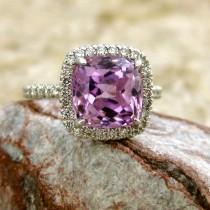 wedding photo - Lilac Lavender Kunzite Engagement Ring in 14K White Gold with Diamonds in a Vintage Inspired Halo Setting Size 5