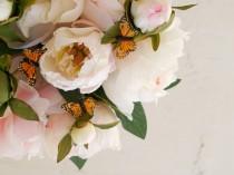 wedding photo - Whimsical Wedding Bouquet, Silk Fower Bridal Bouquet, Peony, Roses in gorgeous shades of Pink, White and Cream, Spring feather Butterfllies