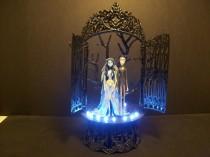 wedding photo - Corpse Bride & Victor Bride and Groom Wedding Cake Topper White Lights GOTHIC